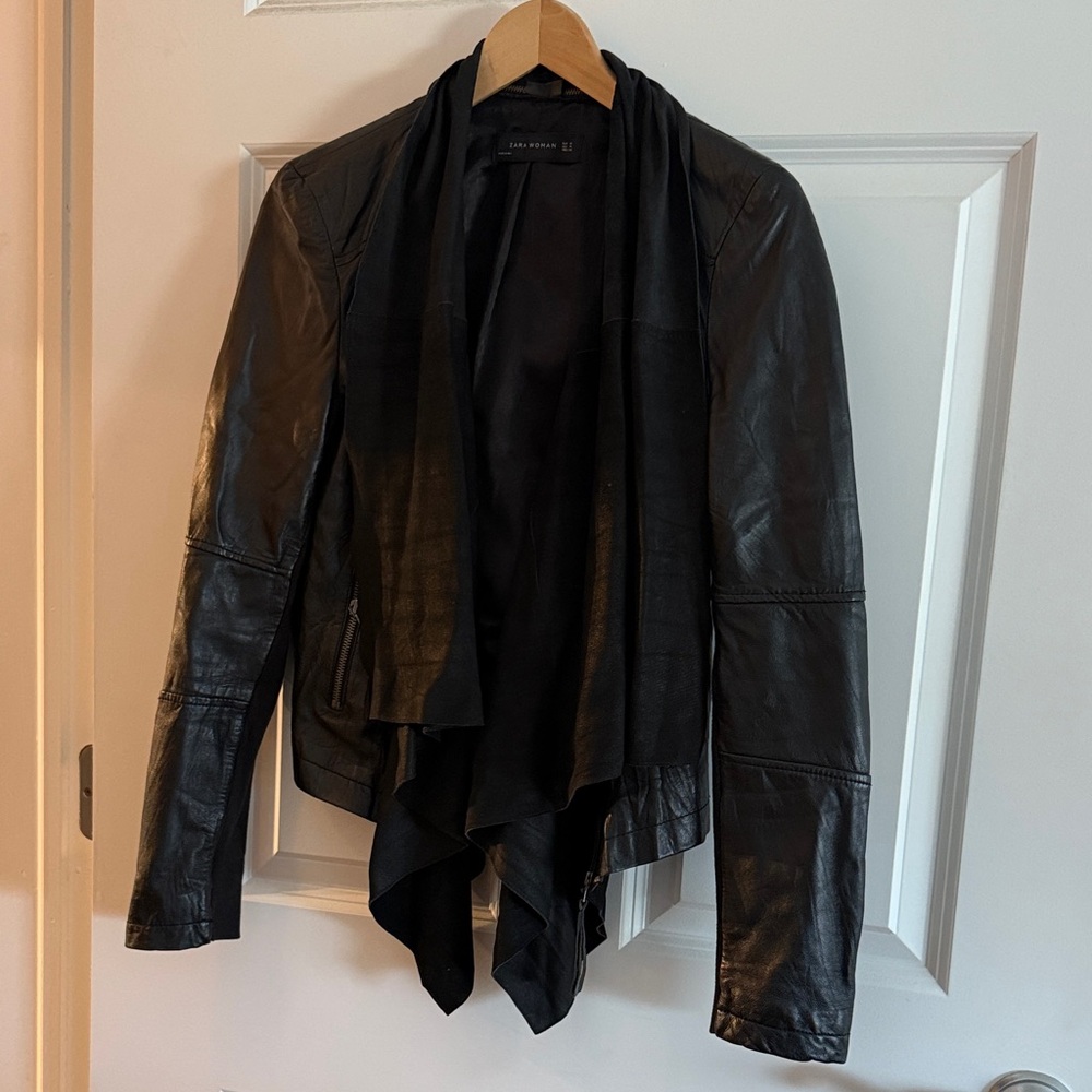 Zara Woman Draped Black Leather Jacket